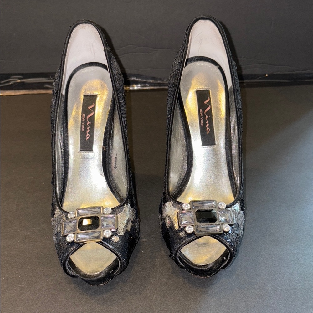 Nina Black Peep Toe Heels with Bow Detail